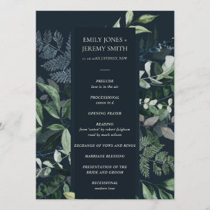 Green Navy Black Leafy Foliage Wedding Program