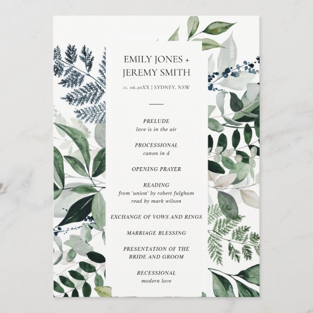 Green Navy Black Leafy Foliage Wedding Program (Front)