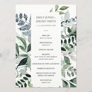 Green Navy Black Leafy Foliage Wedding Program