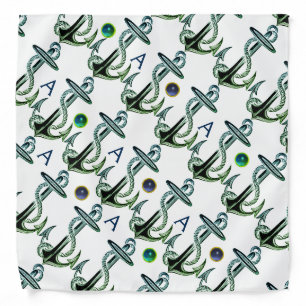GREEN NAVY BLUE ANCHOR AND ROPE NAUTICAL MONOGRAM BANDANA