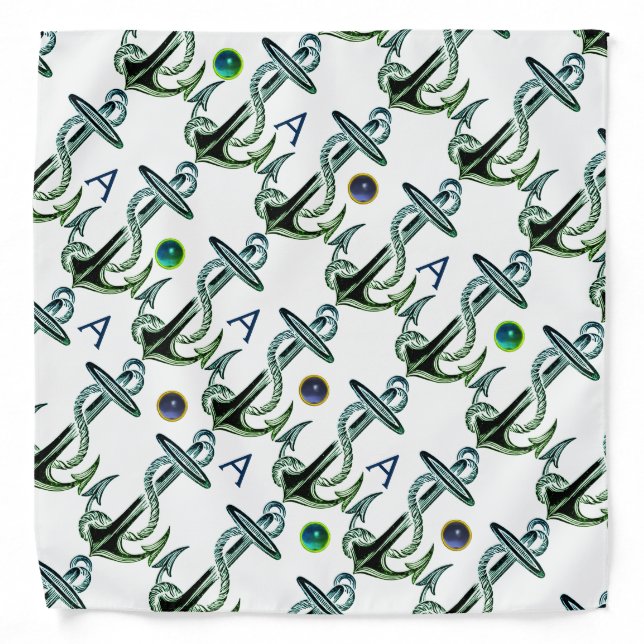 GREEN NAVY BLUE ANCHOR AND ROPE NAUTICAL MONOGRAM BANDANA (Front)