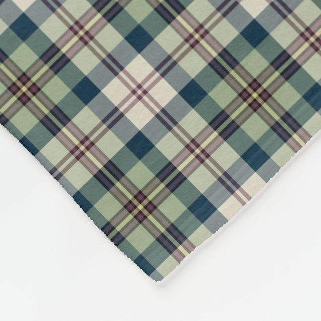Green, Navy Blue and Cream Plaid Fleece Blanket (Corner)
