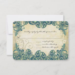 Green Navy Blue and Gold Peacock Wedding RSVP