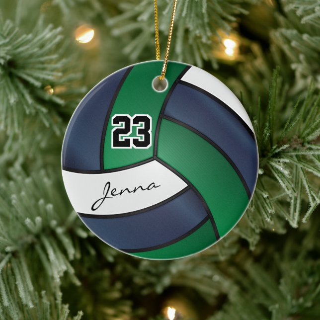 Green, Navy Blue and White - 🏐 Volleyball Ceramic Ornament (Tree)