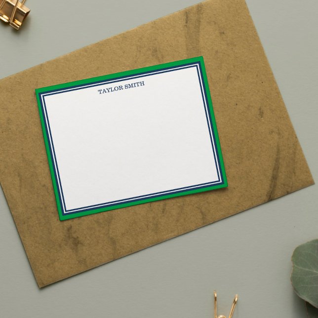 Green & Navy Blue Borders Add Your Name Note Card (Creator Uploaded)