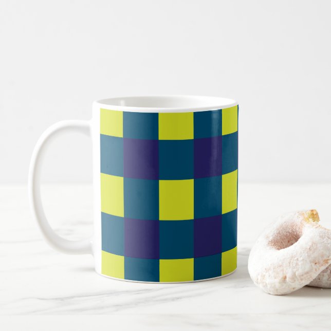 Green Navy Blue Checkerboard  Coffee Mug (With Donut)