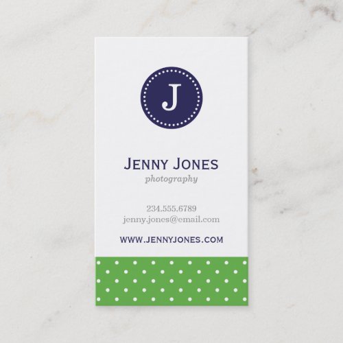 Green &amp; Navy Blue Cute Polka Dots Monogram Business Card Templates