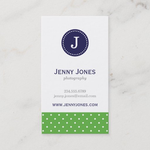 Customizable Green &amp; Navy Blue Cute Polka Dots Monogram Business Card Templates