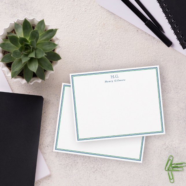 Green Navy Blue Monogrammed Note Card (Creator Uploaded)