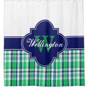 Green Navy Blue Wht Madras Plaid 1I CB Ribbon Name Shower Curtain