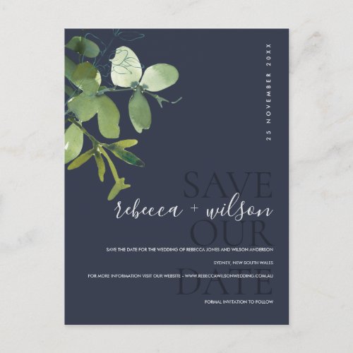 GREEN NAVY EUCALYPTUS WATERCOLOR SAVE THE DATE ANNOUNCEMENT POSTCARD