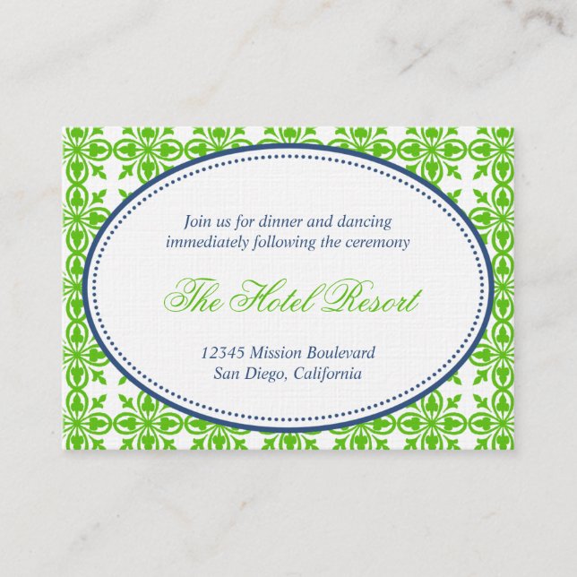 Green navy oval lace preppy wedding reception card (Front)