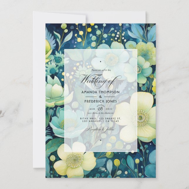 Green, Navy, Pale Blue, and Gold Floral Wedding Invitation (Front)