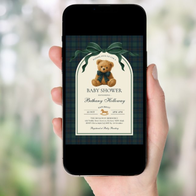 Green Navy Plaid Polo Teddy Bear Baby Shower Invitation (Front Digital)