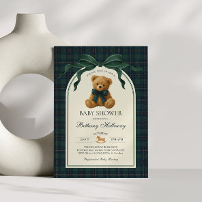 Green Navy Plaid Polo Teddy Bear Baby Shower Invitation