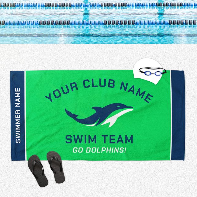 Green Navy Swim Team Custom Name Beach Towel (Creator Uploaded)