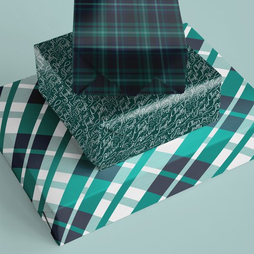  Green  Navy Tartan Plaid Christmas Typography Wrapping Paper Sheets