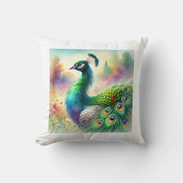 Green necked peafowl 120924AREF136 - Watercolor Throw Pillow (Front)