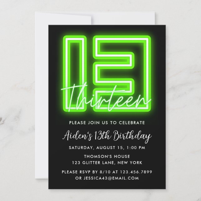 Green Neon 13th Birthday Invitation (Front)