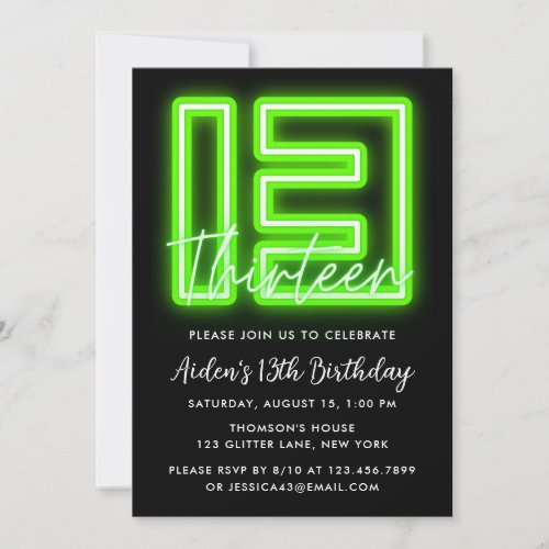 Green Neon 13th Birthday Invitation