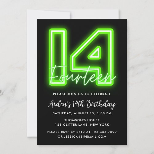 Green Neon 14th Birthday Invitation