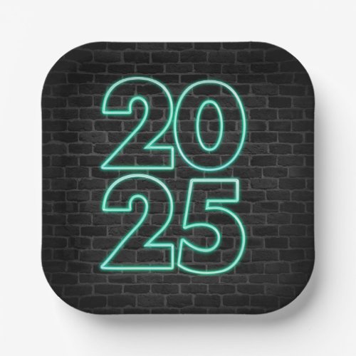 Green Neon 2025 Sign On Brick Paper Plates