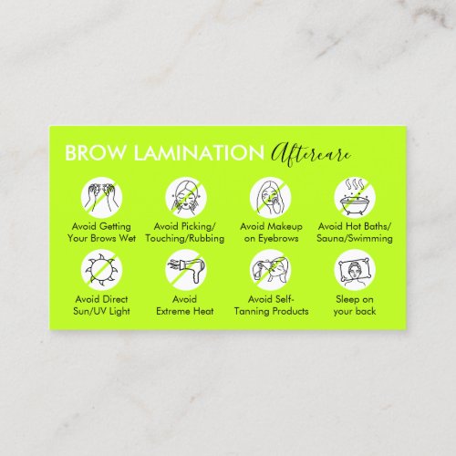 Green Neon Brow Lamination Aftercare Advice Business Card