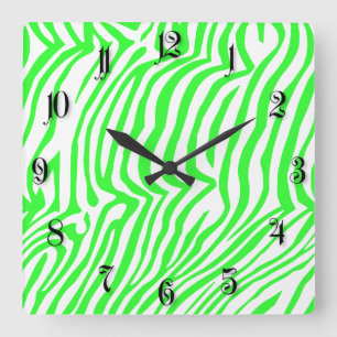 Green neon color zebra pattern square wall clock