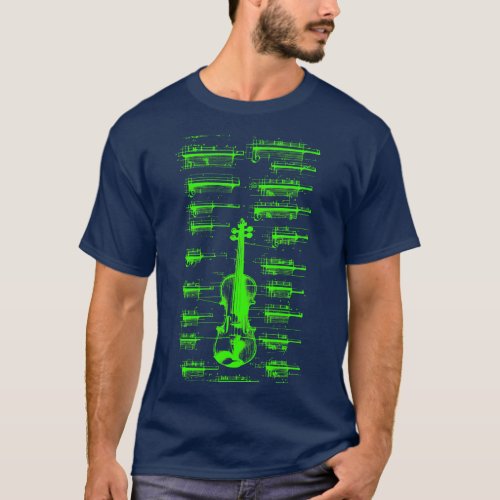 Green Neon Da Vinci violin blueprint T_Shirt