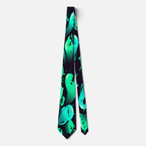 Green Neon Ghost Pattern Neck Tie