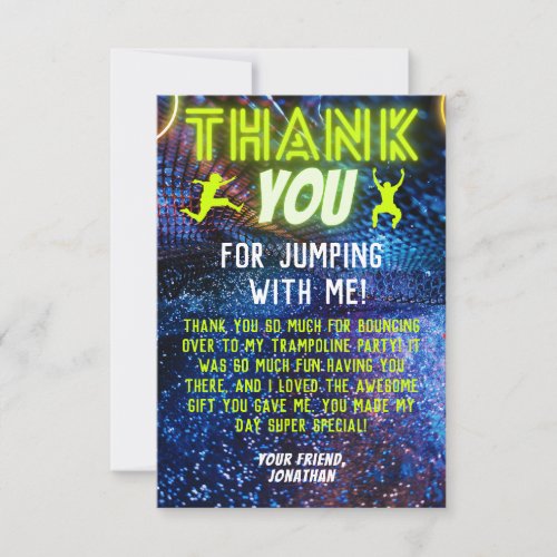 Green Neon Glow Boys Trampoline Birthday Party Thank You Card