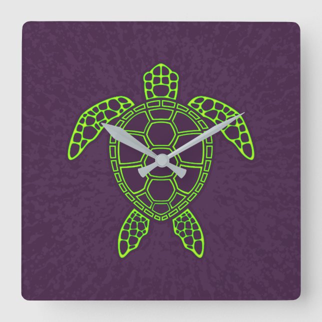 Green Neon Lava Sea Turtle Design Square Wall Clock (Front)