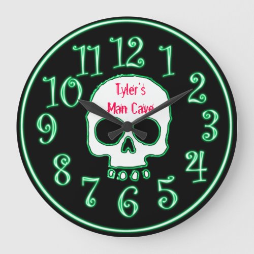 Green Neon Skull Custom Name Man Cave Clock