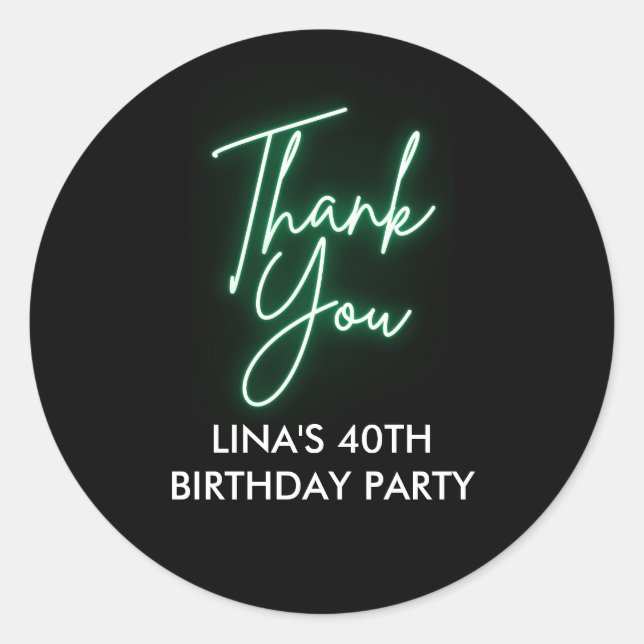 Green Neon Thank You Birthday Party Round Sticker (Front)