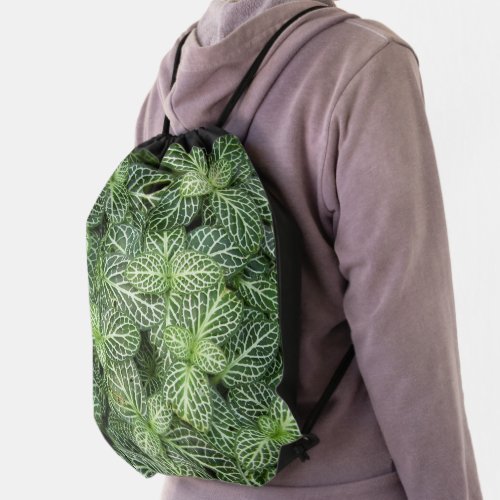 Green Nerve Plant Leaves Floral Drawstring Bag