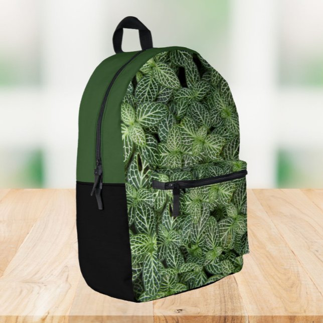 Green Nerve Plant Leaves Floral Printed Backpack (In Situ Angled)