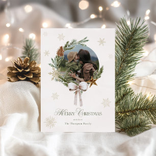 Green & Neutral Wreath Photo Holiday Card