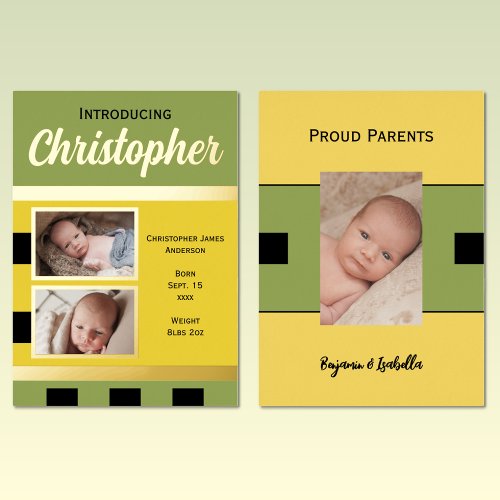 Green new baby announcement gold foil flat card