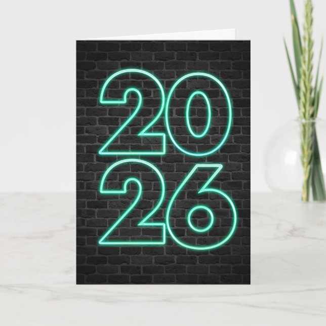 Green New Year 2026 Neon Sign Holiday Card (Front)