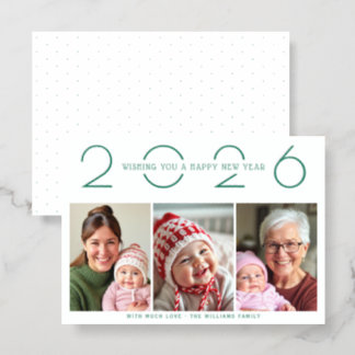Green New Year 2026 three photo collage minimal Letterpress Photo Cards