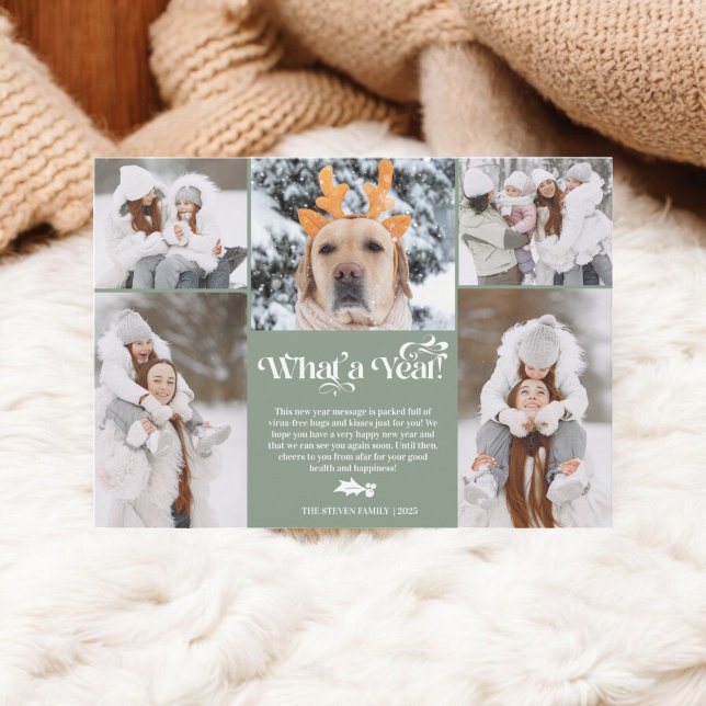 Green New Year in review 5 photo collage grid Holiday Card (Green New Year in review 5 photo collage grid Holiday Card)