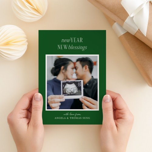 Green New Year New Blessings Pregnancy Holiday Card