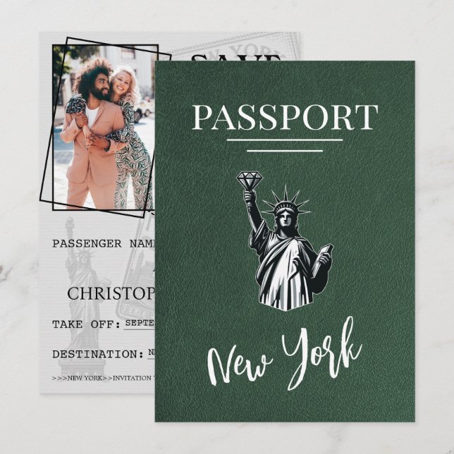 Green New York City Passport Save The Date (Front/Back)