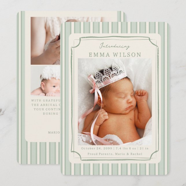 Green Newborn Photo Collage Baby Birth  Announcement (Front/Back)
