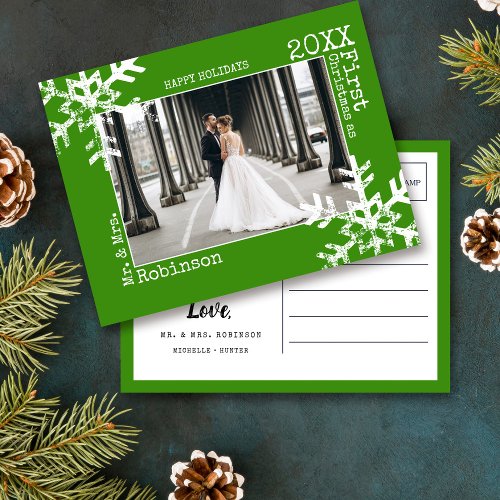 Green Newlywed 1st Christmas Photo Snowflake Holiday Postcard