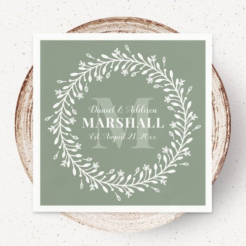 Green Newlywed Couple Wreath Monogram Name Napkins