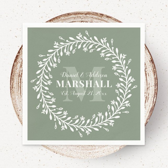 Green Newlywed Couple Wreath Monogram Name Napkins (Creator Uploaded)