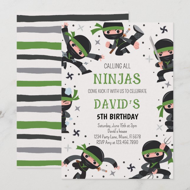 Green Ninja Warrior Martial Arts Birthday Invitation (Front/Back)