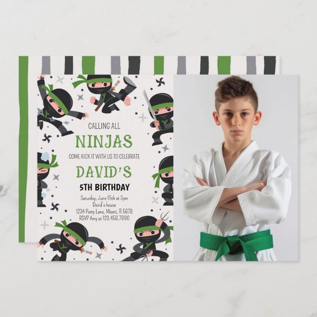Green Ninja Warrior Martial Arts Birthday Photo Invitation (Front/Back)
