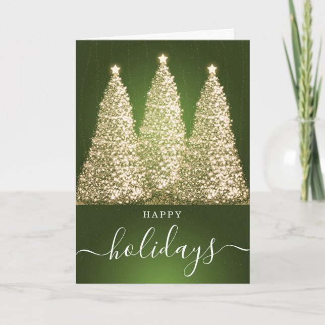 Green No Photo Holidays Christmas Glitter Trees Holiday Card (Front)